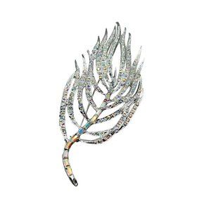Vintage Rhinestones Feather Pin Brooch Silver Tone Aurora Borealis Oversized Pin